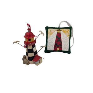 Set of 2 Lighthouse Themed ornament & Handmade Patchwork pillow